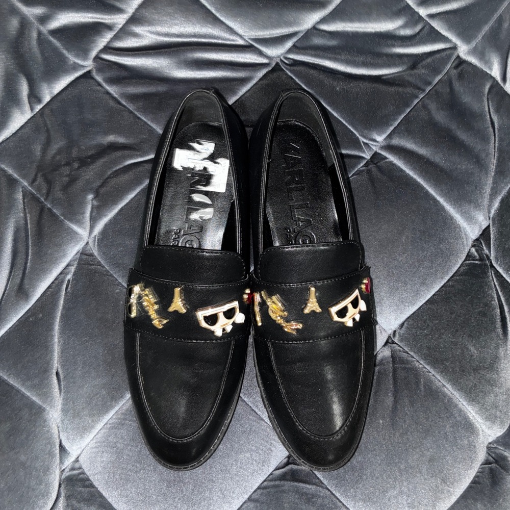 Karl Lagerfeld Paris Women Black Leather Lug Sole Loafers Charms Eiffel Tower 7M